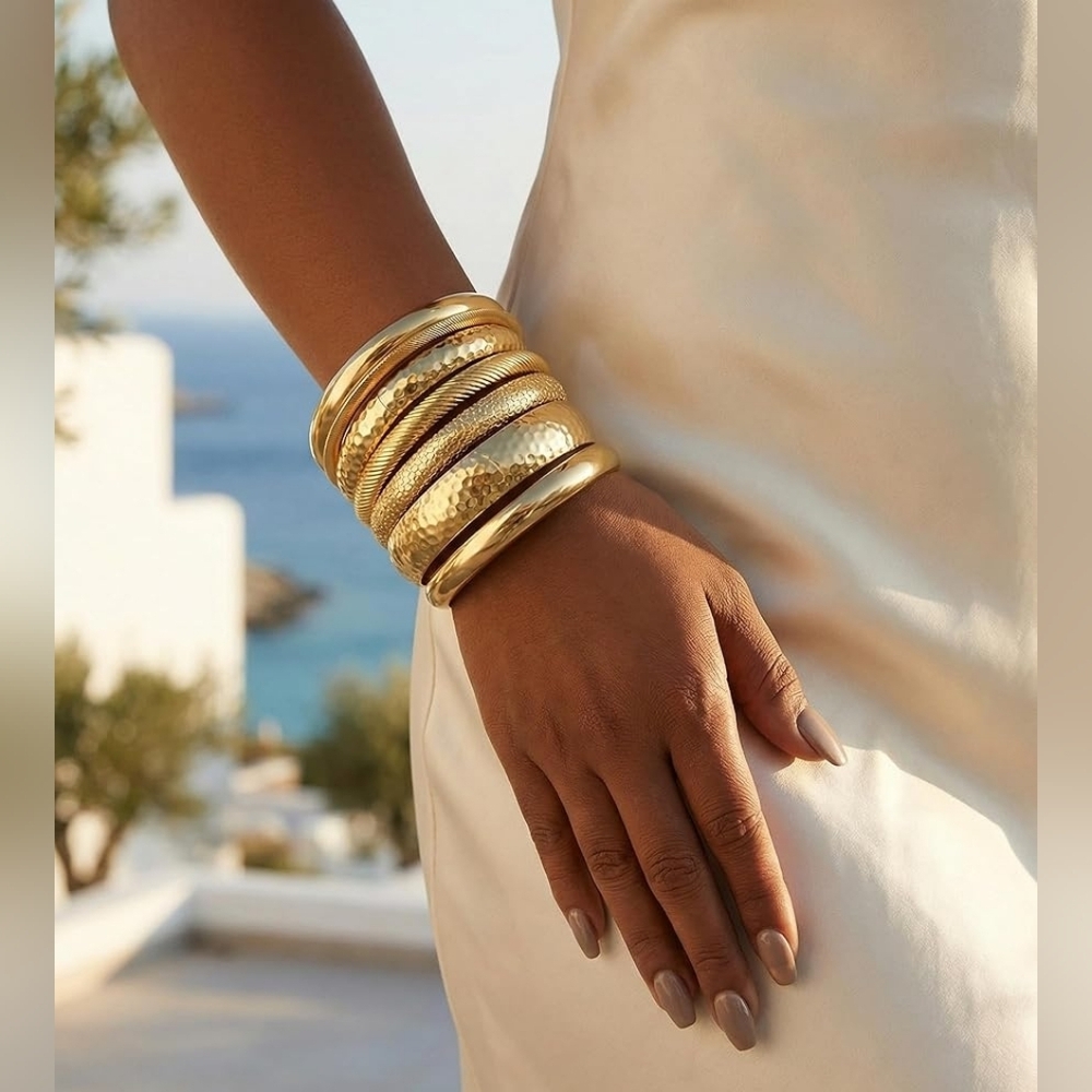 14K Gold Plated Chunky Boho Bangle Stackable Bracelets Set - Picture 4 of 7